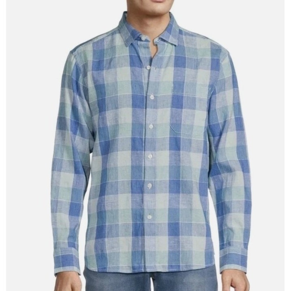 Tommy Bahama Mens XXL Barbados Breeze Day Checked Blue Long Sleeve Linen Shirt